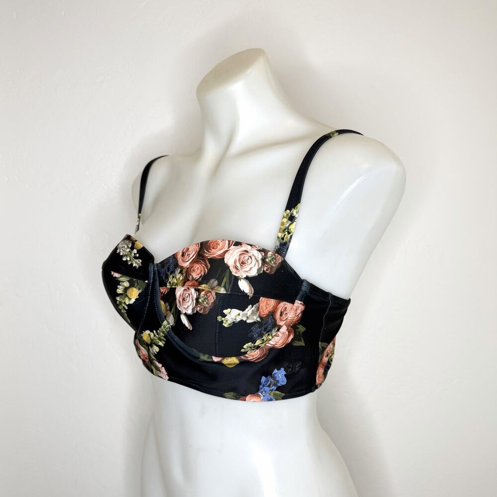 Albion Hailey Crop Bikini Swimsuit Top Womens Medium Black Rose Floral Underwire